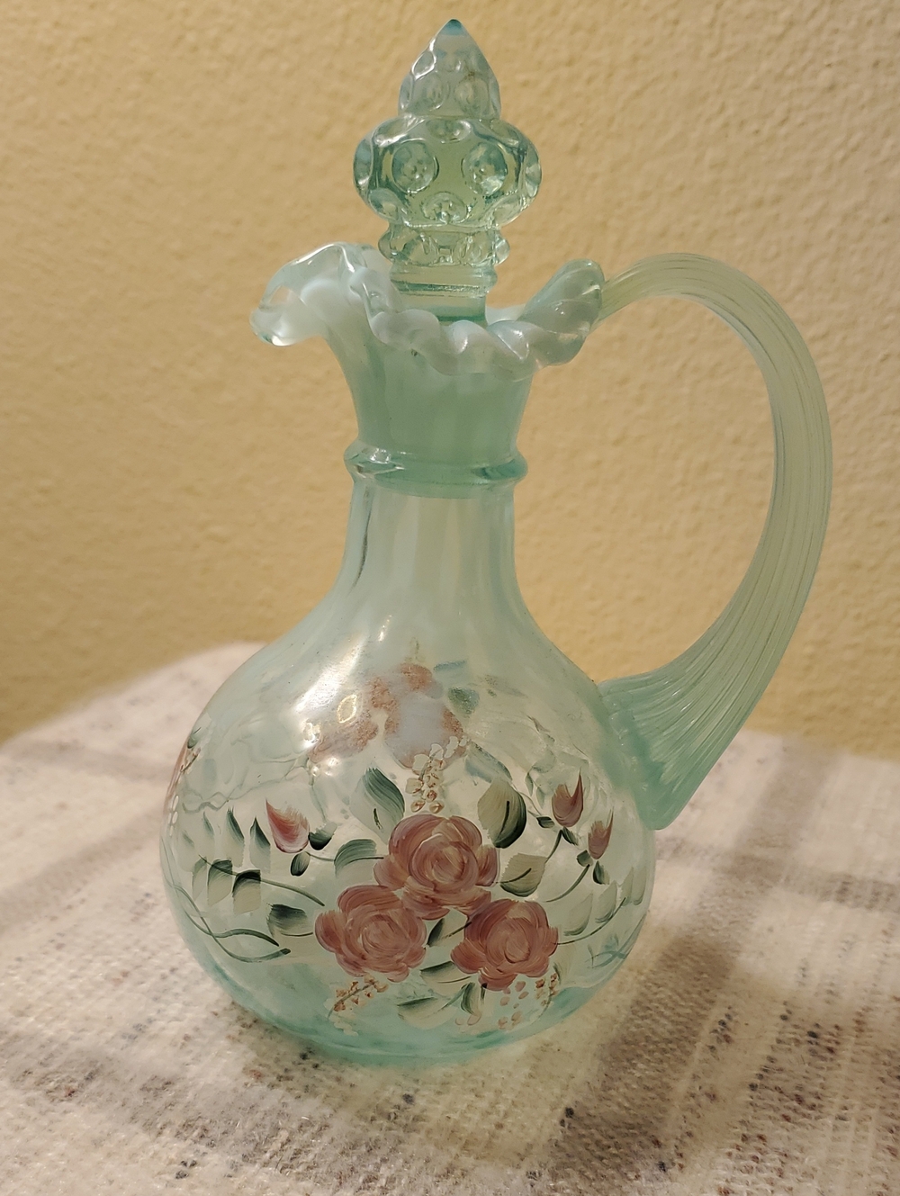 Fenton Aqua Glass Pitcher with Hand-Painted Pink Roses